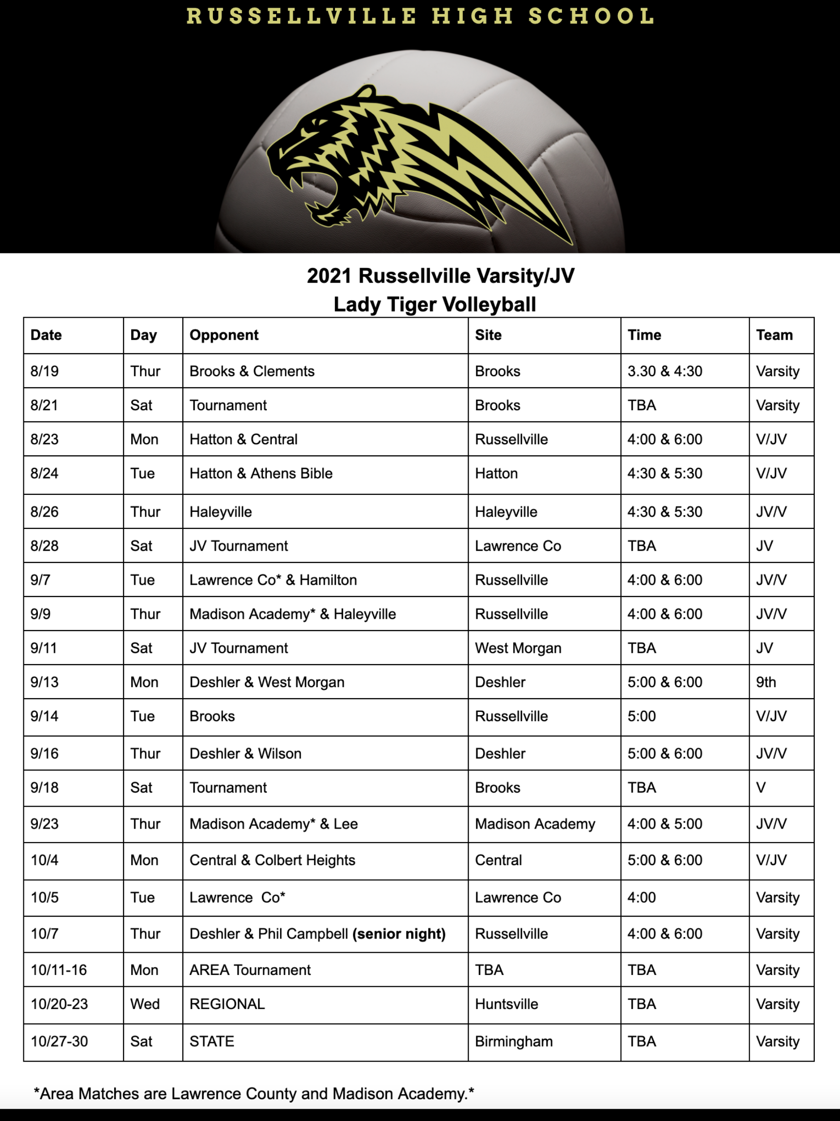 RHS Varsity/JV Volleyball Schedule — Russellville Athletics