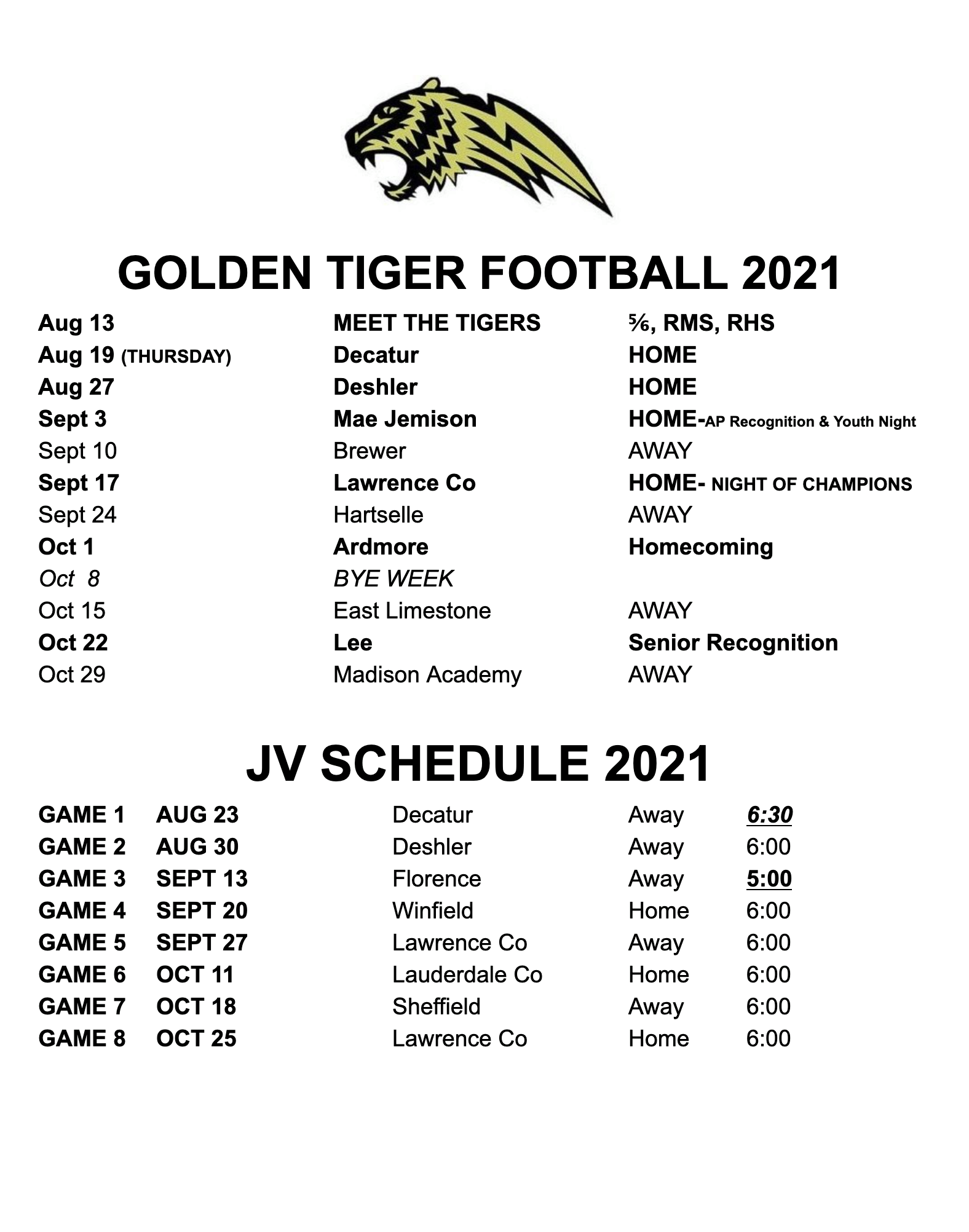 Varsity & JV Football Schedule — Russellville Athletics