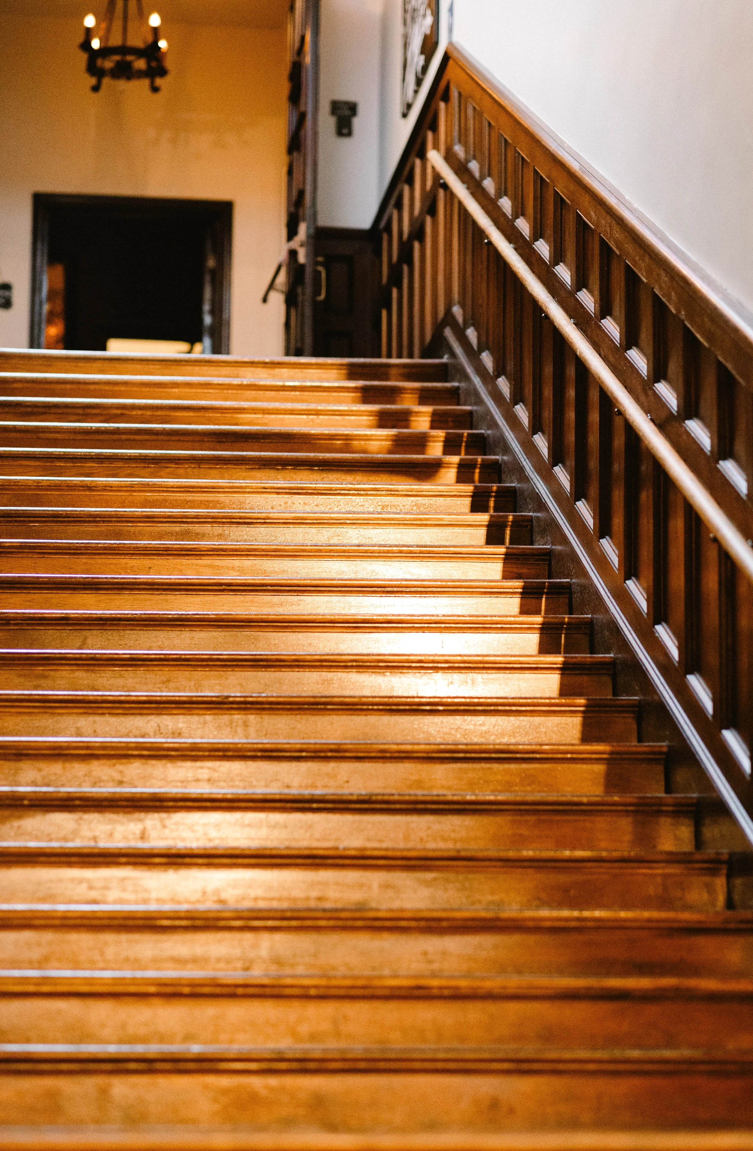Beautiful wooden staircase inside the historic Loft 84 in Riverside Ca