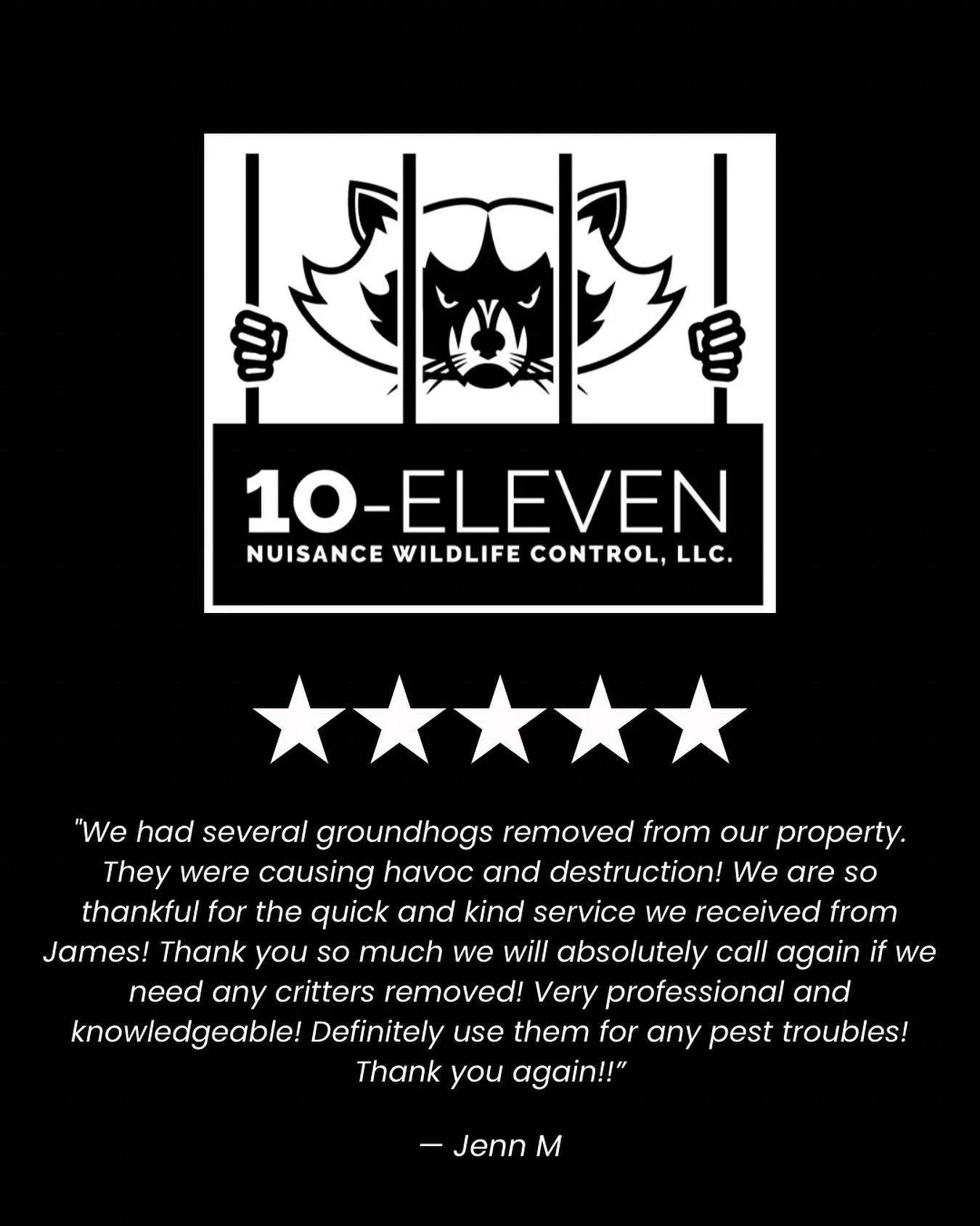 🚨 Five ⭐️ Review Alert 🚨

Great Job James!

Thank you to our incredible customers for your ongoing support and fantastic reviews! Your feedback fuels our dedication to providing top-notch wildlife control services. We truly appreciate your trust in