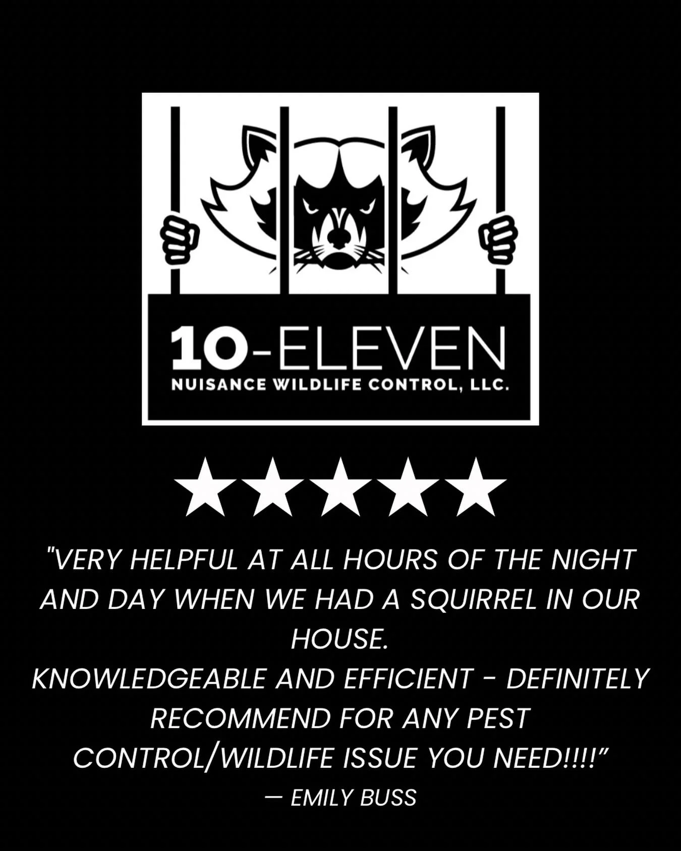 🚨 Five ⭐️ Review Alert 🚨

Squirrel on the loose in your house?  We&rsquo;ve got you covered, anytime, day or night! 🐿️