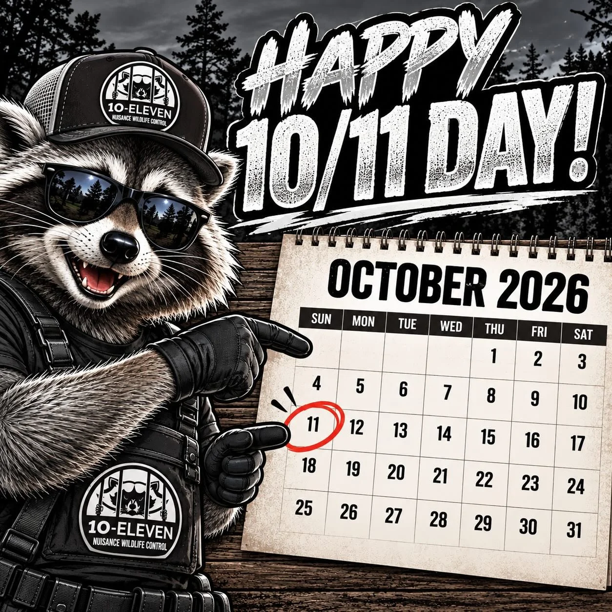 🦝 HAPPY 10/11 DAY! 🦝

Today, we&rsquo;re celebrating our hardworking Wildlife Control Operators, loyal customers, and the communities across Virginia that we&rsquo;re proud to serve.

Thank you for supporting 10-Eleven Nuisance Wildlife Control! He