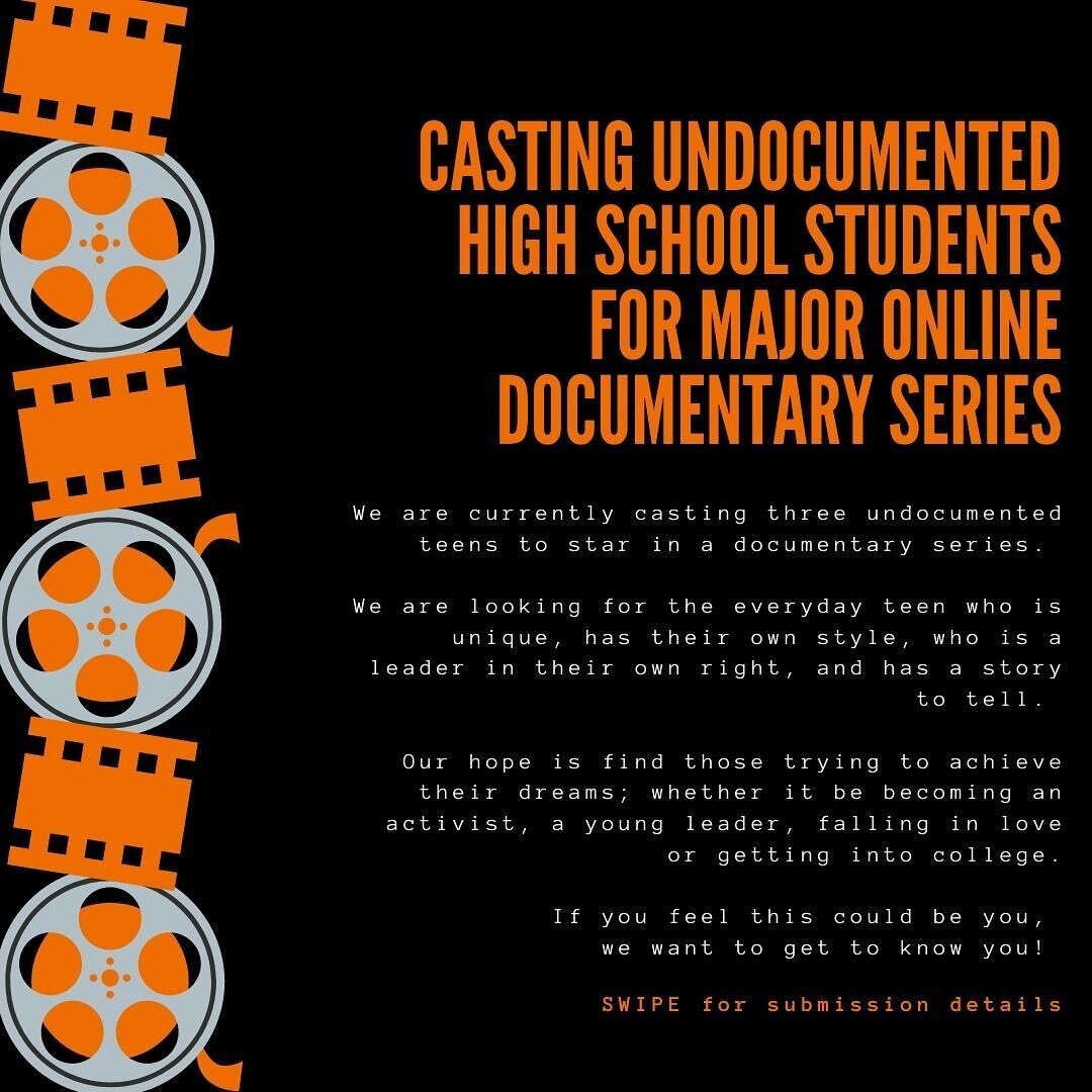 Casting Undocumented High School Students for Major Online Documentary Series!⁠⁠
⁠⁠
Our hope is to cast three teens, trying to achieve their dreams; whether it be becoming an activist, a young leader, falling in love or getting into Harvard. It is im