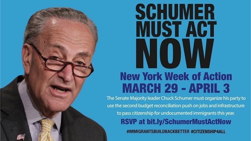 🚨 🚨 WEEK OF ACTION 🚨 🚨 
Rally outside the house of @SenSchumer @chuckschumer ALL NEXT WEEK and demand he pass #Citizenship4All through budget reconciliation.

📰 Press Conference, Monday 3/29, 11 AM
🕯️ Nightly Vigils, Tuesday 3/30 - Friday 4/2, 