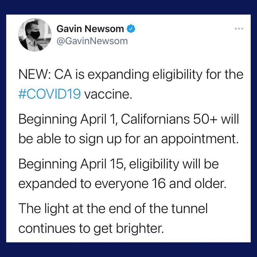 Repost from @gavinnewsom
&bull;
California is expanding eligibility for the #COVID19 vaccine.