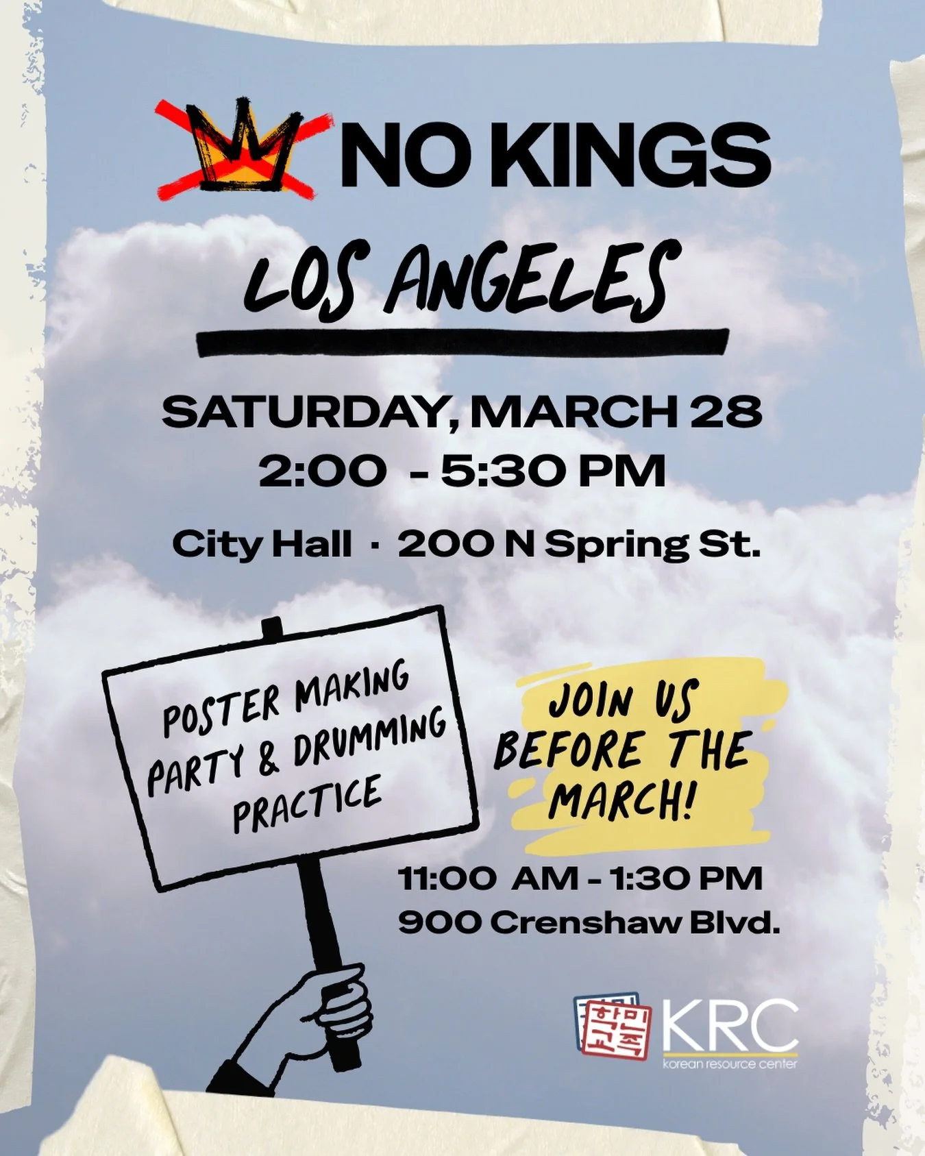 Tomorrow, we will gather at LA City Hall for #NoKingsLosAngeles. Let&rsquo;s send a powerful message together: No Thrones. No Crowns. No Kings.⁠
⁠
Join us at KRC before the march for sign making and drumming practice. ⁠
⁠
🪧🥁11 AM - 1:30 PM, Sign Ma