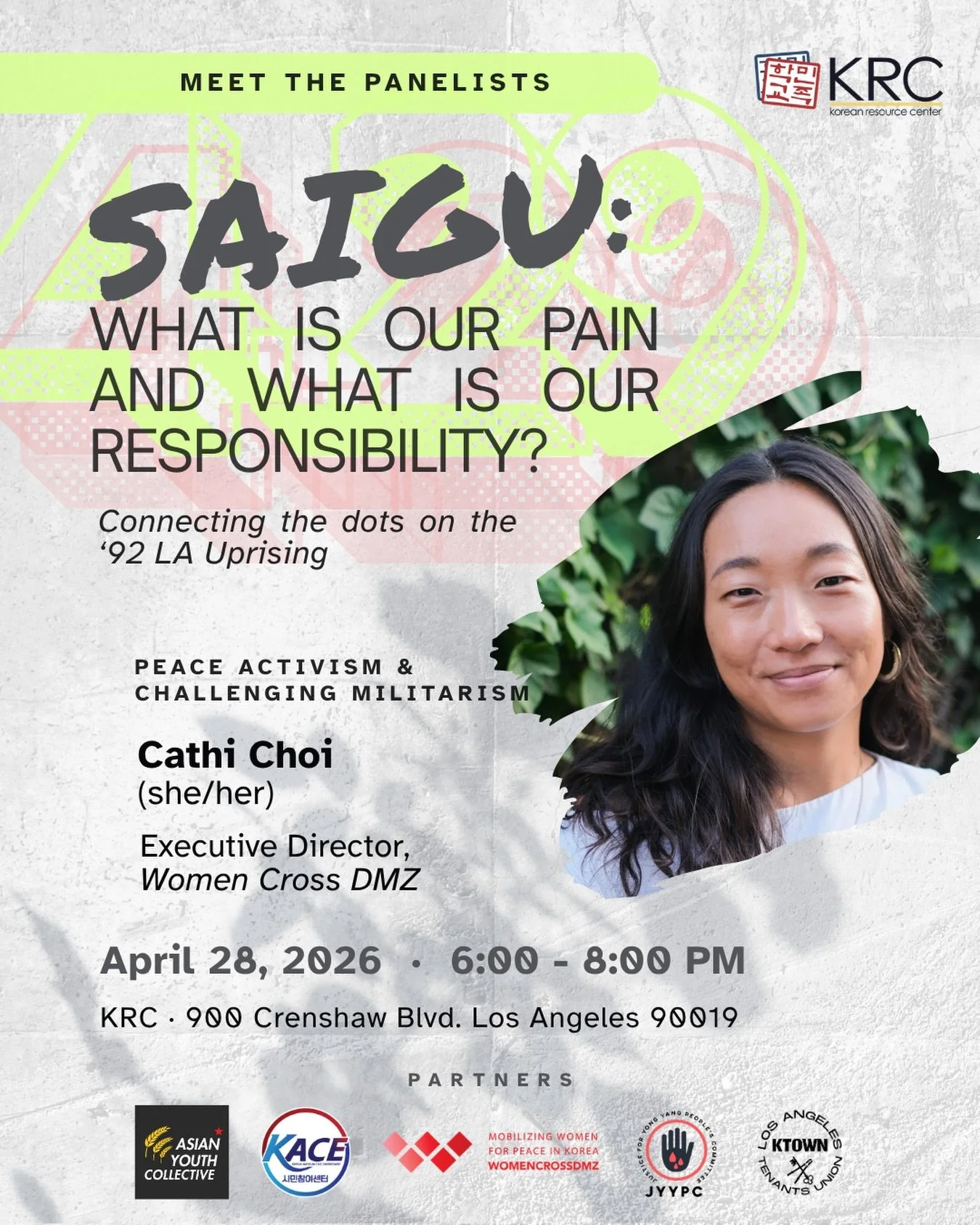 We are excited to spotlight our panelist Cathi Choi(she/her), who will be speaking about her extensive work in peace activism and challenging militarism and war in Korea and beyond. Cathi is the Executive Director of Women Cross DMZ, a global movemen