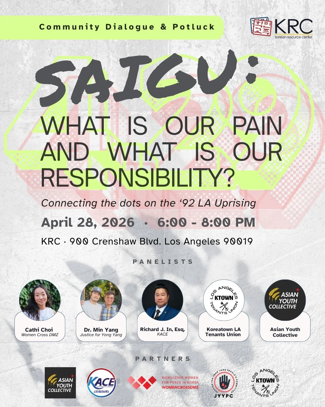 Come spend next Tuesday evening with us for engaging conversations over great food, as we reflect on Saigu and renew our spirit and purpose as people of the Korean diaspora. ⁠
⁠
We&rsquo;ll be joined by community activists who have been on the front 