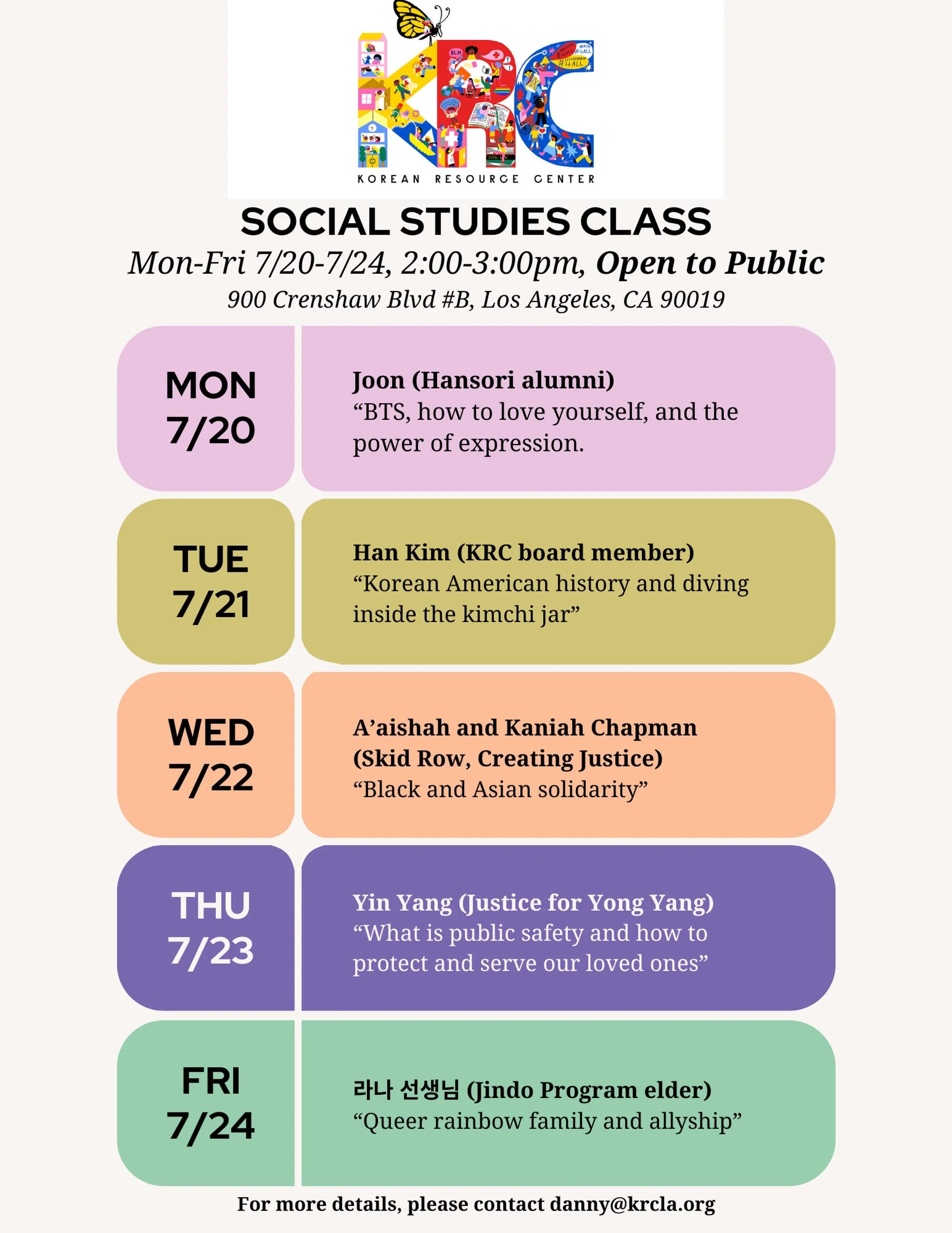 Social studies classes in session this week! Join us this free public programming and communal learning activity featuring a variety of topics and special guests. Snacks and refreshments provided!

이번 주 사회 탐구 수업이 진행됩니다! 다양한 주제와 특별 게스트가 함께하는 이 무료 공개 프