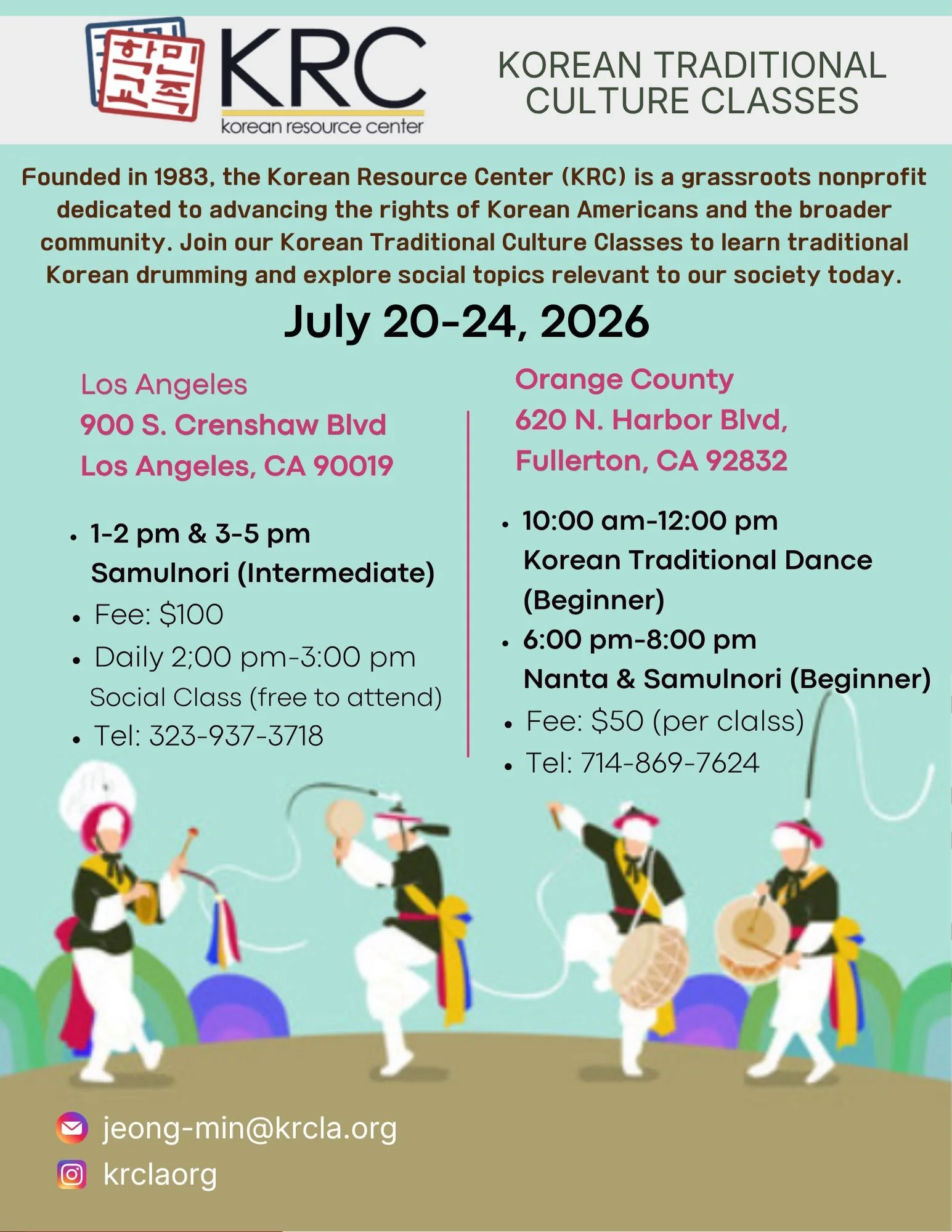 Are you interested in learning Korean folk music, from samulnori drumming to dancing? Consider enrolling in our summer program! Our LA workshops will also include political education classes. DM or email to register.

사물놀이부터 춤까지 한국 민속 음악을 배우고 싶으신가요? 