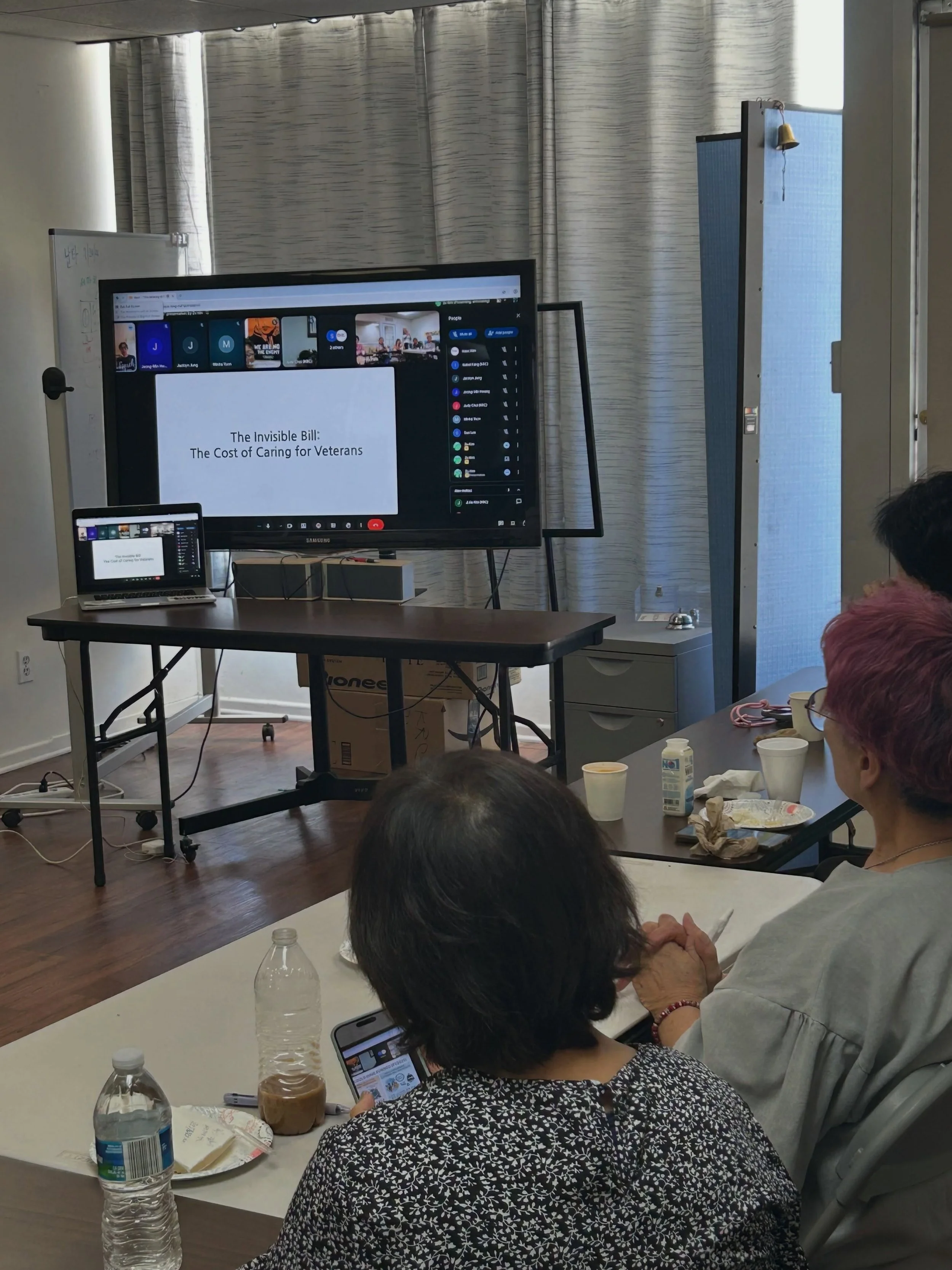 Learning about peacebuilding efforts with our sarang bang members and staff. Here we are examining the cost of war and the impact of militarism on our lives from the creation of geopolitical borders, permanently dividing people to PTSD and intergener