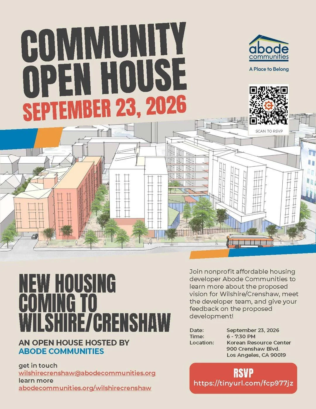 📢 Join us at KRC for an Open House hosted by Abode Communities, where you&rsquo;ll be able to meet the developer team and give feedback on the proposed affordable housing development in Koreatown!⁠
⁠
📅 Wednesday, September 23, 2026⁠
🕑 6:00&ndash;7