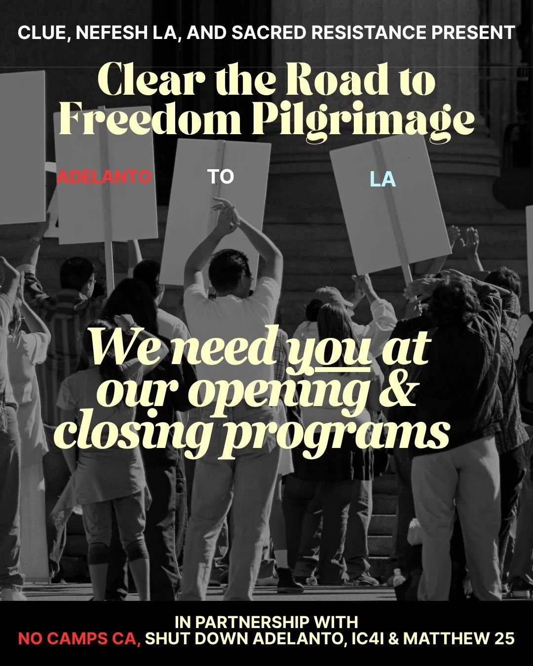 Repost from @nocampsca
&bull;
📍 CLEAR THE ROAD TO FREEDOM PILGRIMAGE 9/29-10/6 No registration. No sign-up. Just show up.

🟡 DAY 1 9/29&mdash; Adelanto Detention Center, California City 7:00 AM &mdash; We start the walk together. Come send our walk