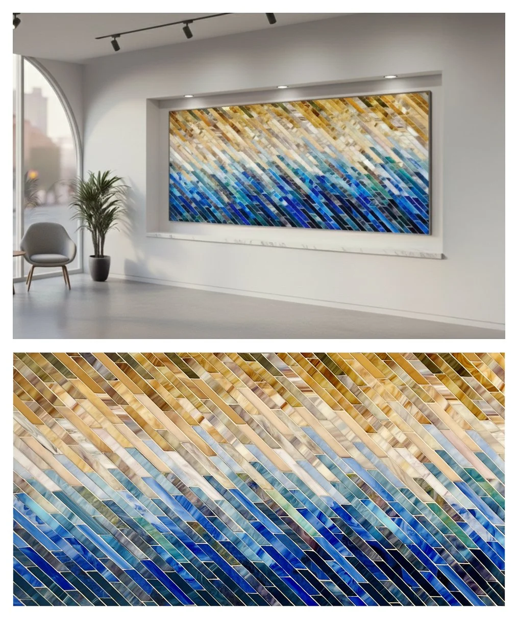 Tidal, parallelogram-style stained glass mosaic on panel. Digital mock up of mosaic in space (top) actual mosaic (bottom) 