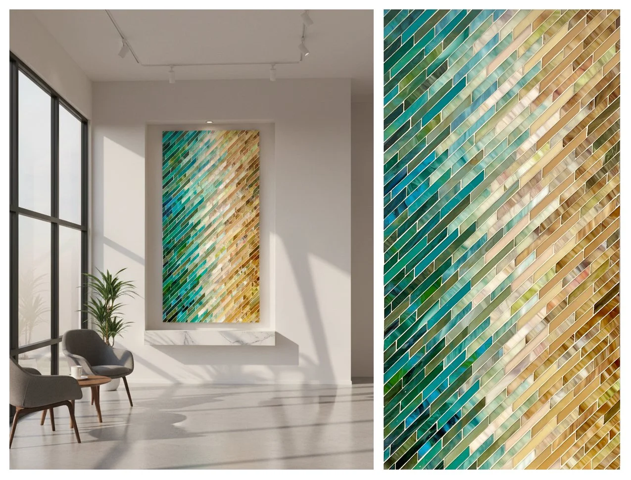 Parallelogram-style stained glass mosaic depicting a coastal shoreline. Hand cut glass on panel. 