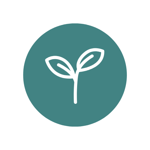White sprout icon with two leaves in a teal circle