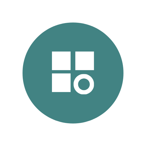 White icon of squares and a circle in a teal circle