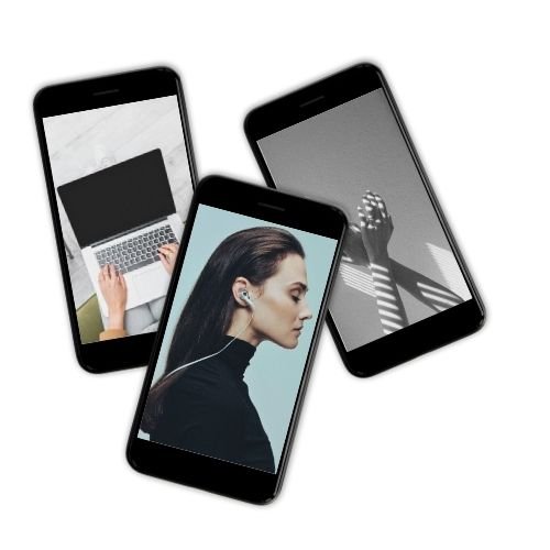 Three smartphones showing a woman in earbuds, hands in sunlight, and a person on a laptop, representing confidential online anxiety therapy for high-achieving women.
