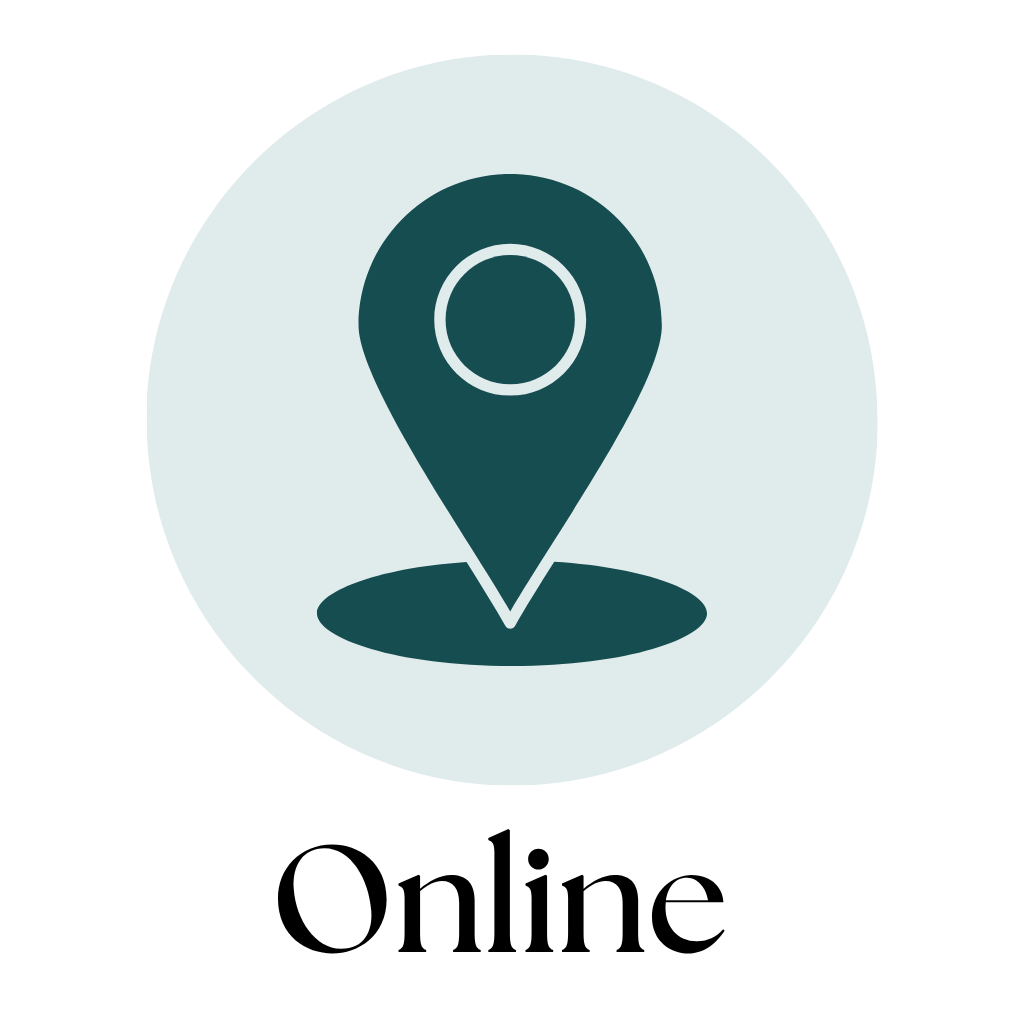 Location icon with word "online" for anxiety therapy locations available