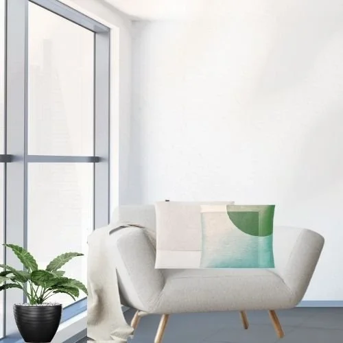 Anxiety therapy office with modern living room with a white armchair, pillow, white blanket, potted green plant, and a clean, minimalist background.