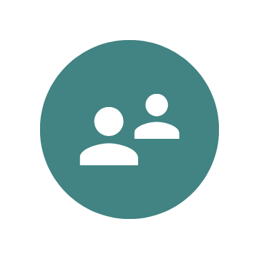 White icon of two people in a teal circle