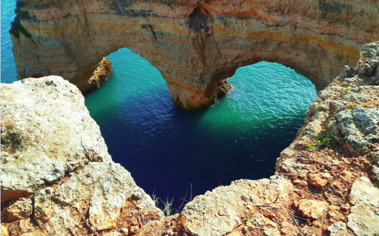 Portugal Algarve golden rock formation in the shape of a heart with turquoise water representing self-care and self-love.