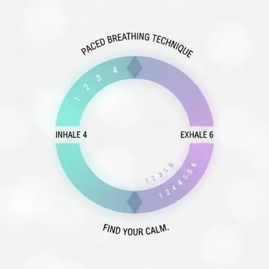 Circular diagram showing the 4-6 paced breathing technique with instructions to inhale for 4 seconds and exhale for 6 seconds for nervous system regulation.
