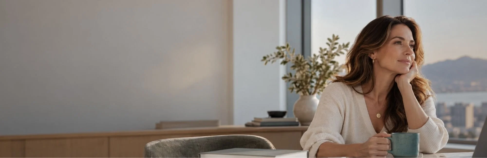 Woman in a cream sweater holding a teal mug at a desk beside a large window in a bright, modern workspace.