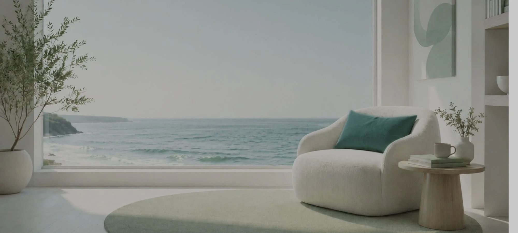 Calm online therapy space with ocean view and neutral decor