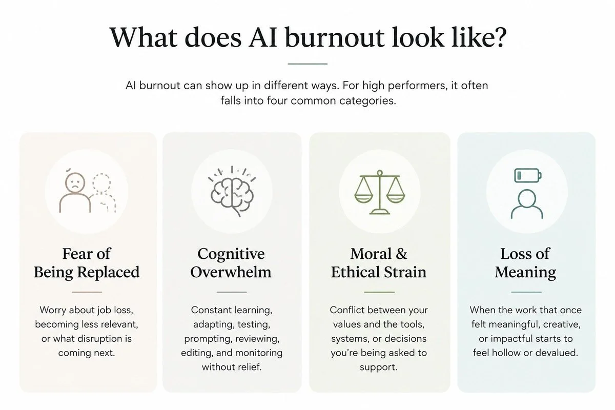 Infographic showing four common signs of AI burnout in high performers: fear of being replaced, cognitive overwhelm, moral and ethical strain, and loss of meaning.