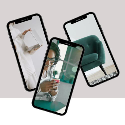Three smartphone screens showing teletherapy-related imagery, including a woman using her phone, a laptop, and a teal therapy couch