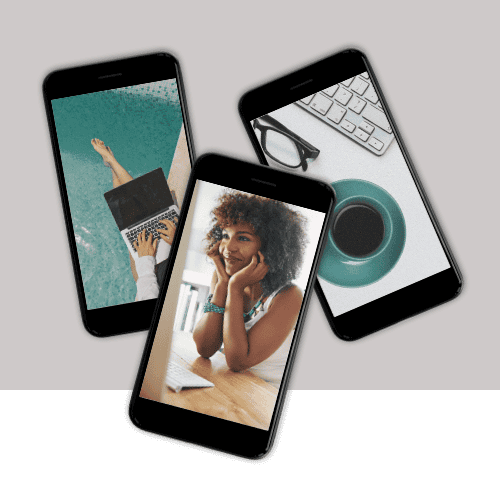 Smartphones showing a woman smiling at a desk and relaxing scenes, representing online therapy services.