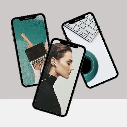 Three overlapping smartphones displaying a woman wearing earbuds, a laptop on a desk, and a keyboard.