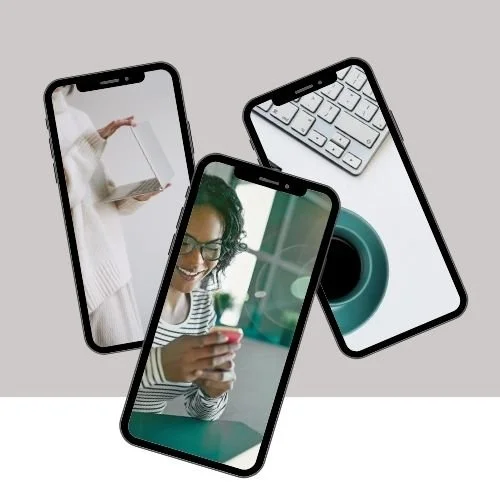 Three overlapping phones illustrating online therapy for busy business owners and entrepreneurs  Smartphone collage with work and lifestyle imagery representing virtual therapy for entrepreneurs
