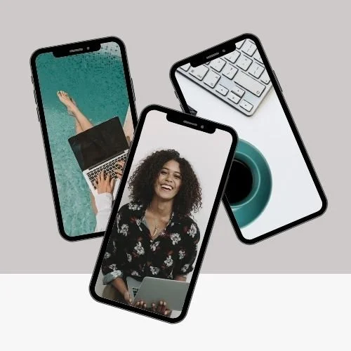 Three smartphones showing remote work and a woman on a video call, with a coffee cup and keyboard