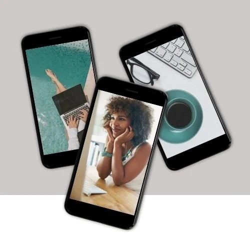 Three smartphones showing remote work and a woman on a video call, with a coffee cup and keyboard