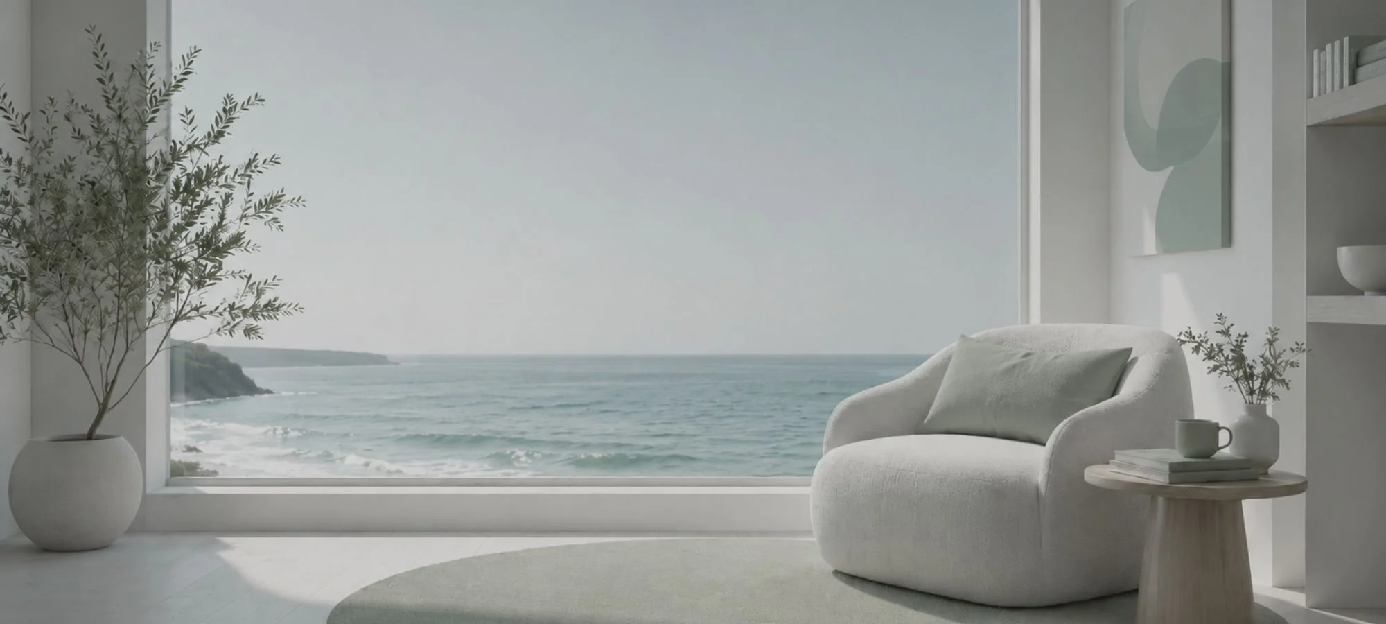 Minimal coastal-inspired therapy homepage image with a white chair, soft sage accents, and a large window overlooking teal ocean water.
