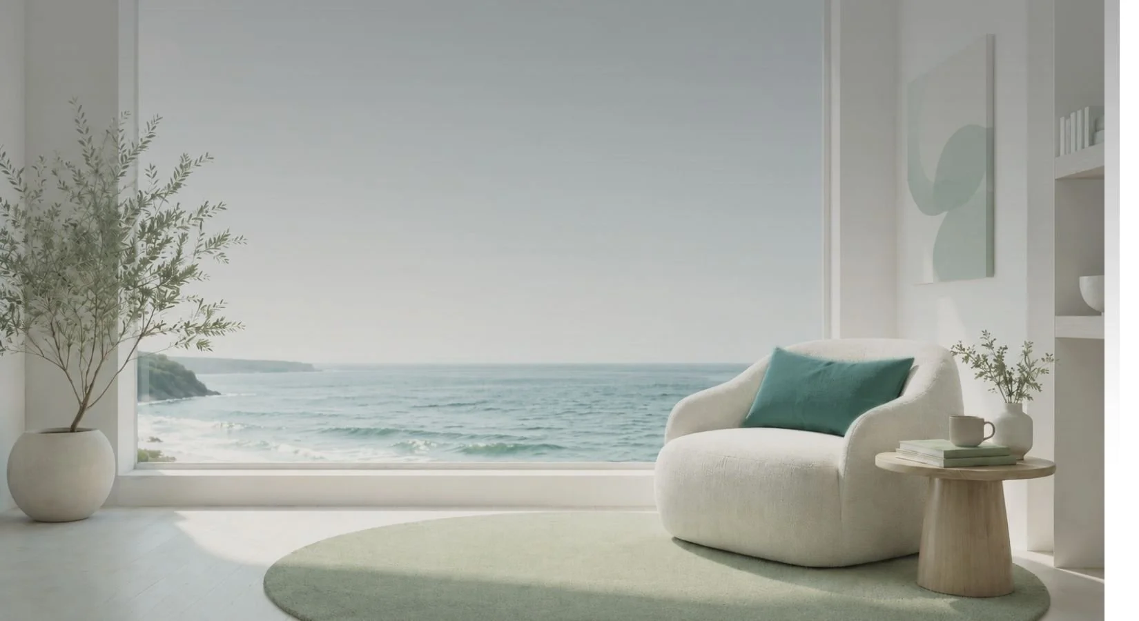 Minimal coastal-inspired therapy homepage image with a white chair, soft sage accents, and a large window overlooking teal ocean water.