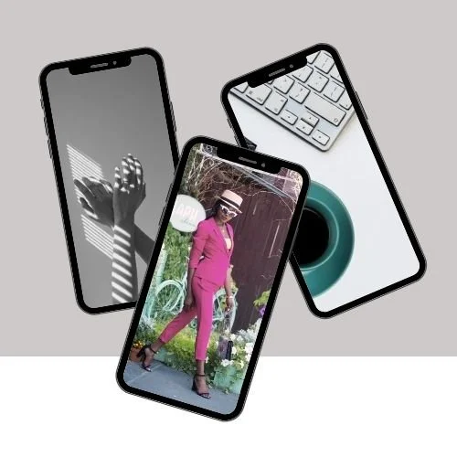 Three smartphones displaying a woman in a pink suit, hands with light patterns, and a keyboard with coffee, illustrating digital tools and work-life balance concepts for business owners seeking therapy and professional support.