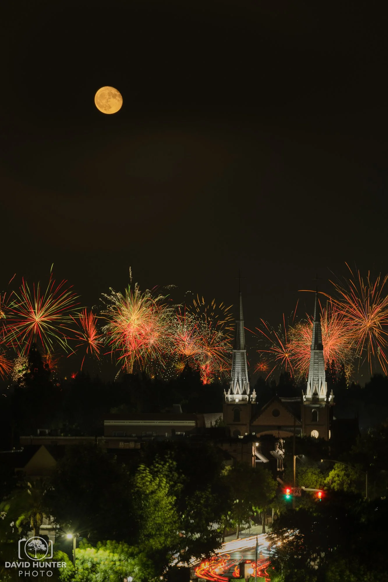 Waning Moon, Fireworks over St. John's Cathedral, Fresno CA