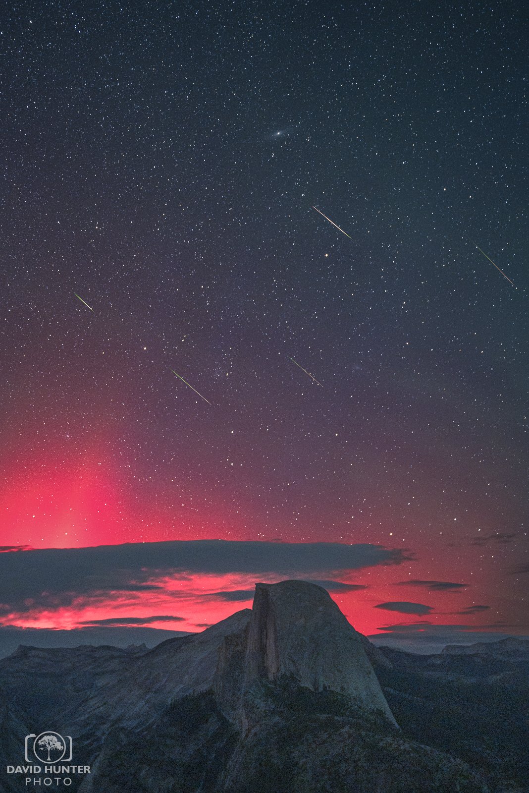 Yosemite Half Dome, Aurora, Perseid Meteors, Andromeda Galaxy