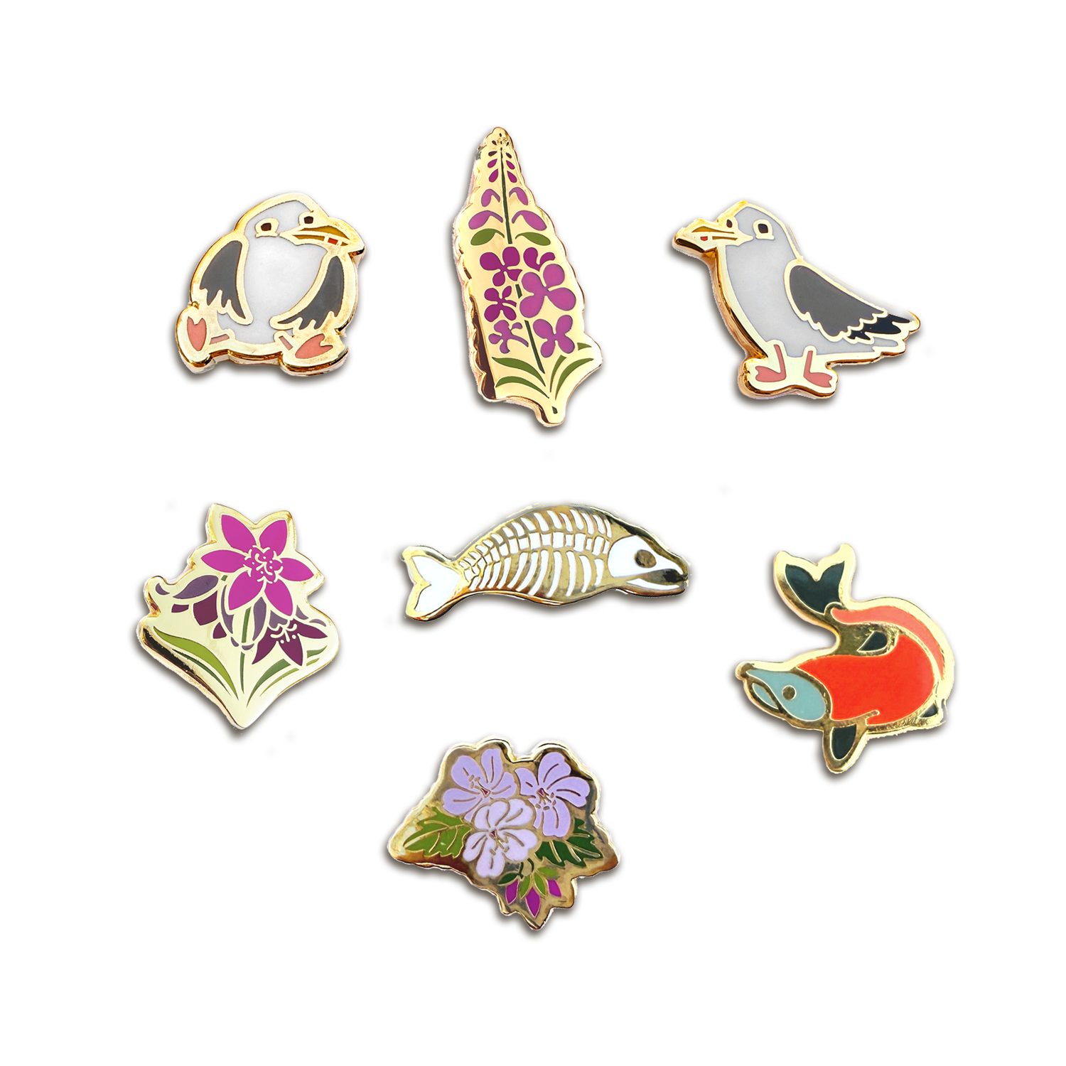Pin Set | Fish, Gulls, and Wildflowers