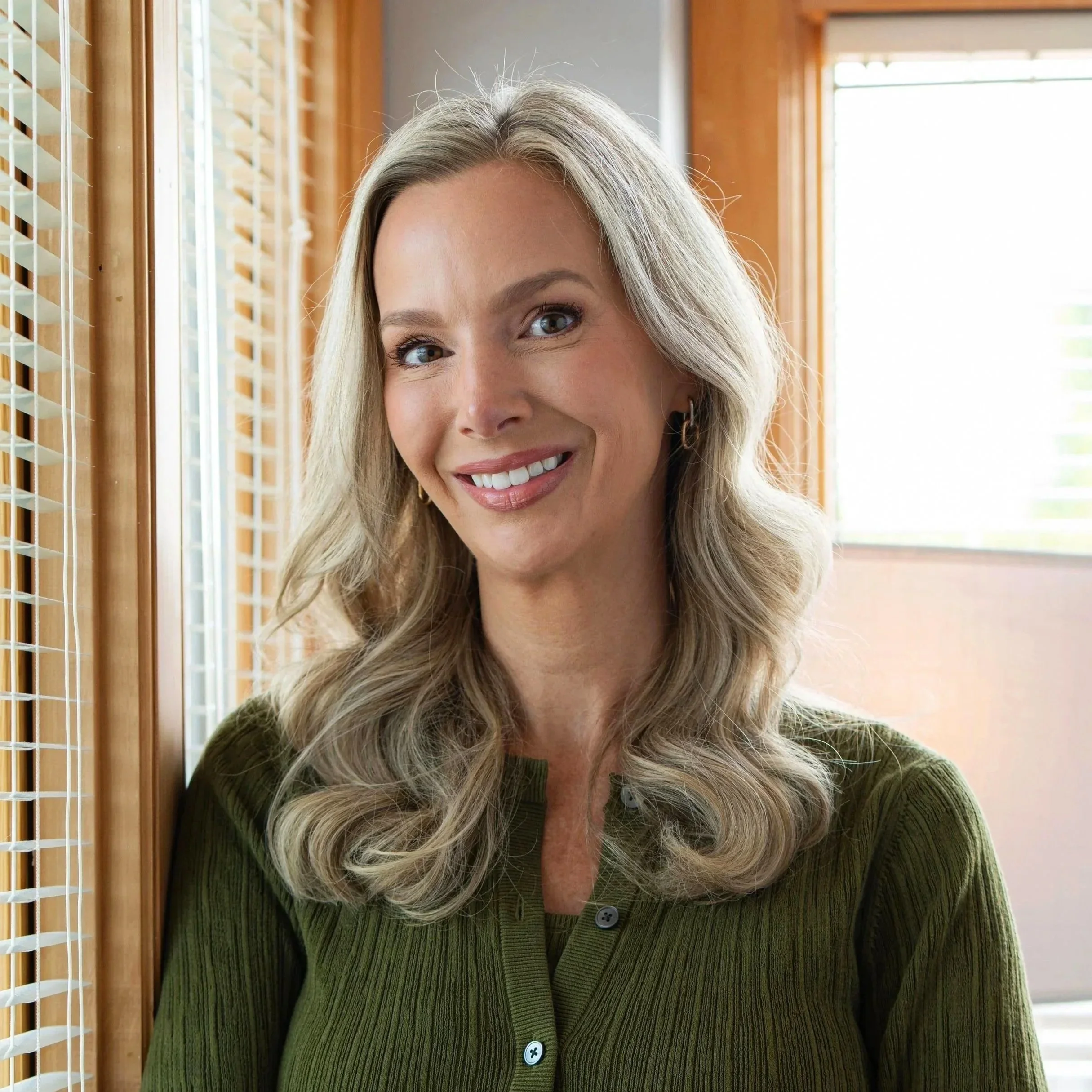 A woman with long blonde hair, smiling, wearing a brown top and pearl earrings, standing against a plain light-colored background.