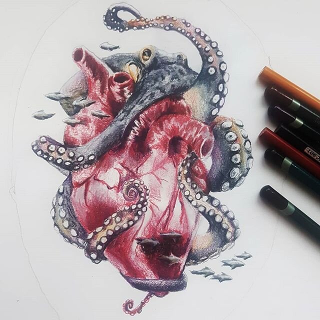 Heart of the Ocean 
Pencil Crayon on Paper

Sometimes you just have an idea that needs to exist for the joy of making it. was doing all those octopus studies and came up with this concept. I love it. Am definitely looking at doing a black and white v