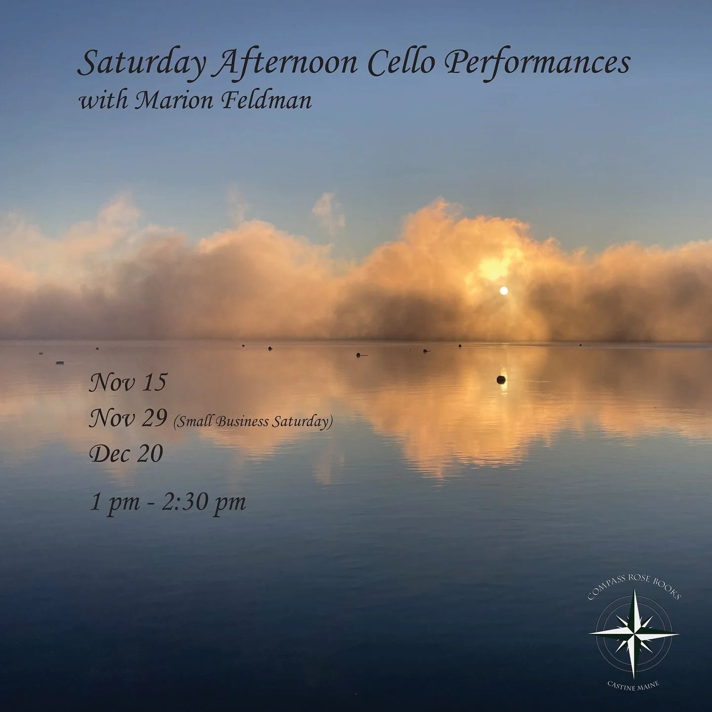 Classical music returns to the bookstore three Saturdays this early winter, with cellist Marion Feldman. 🎼📚☕️ When she's not performing and teaching around the world, Marion is right here in Castine, sharing her love of chamber music with all of us