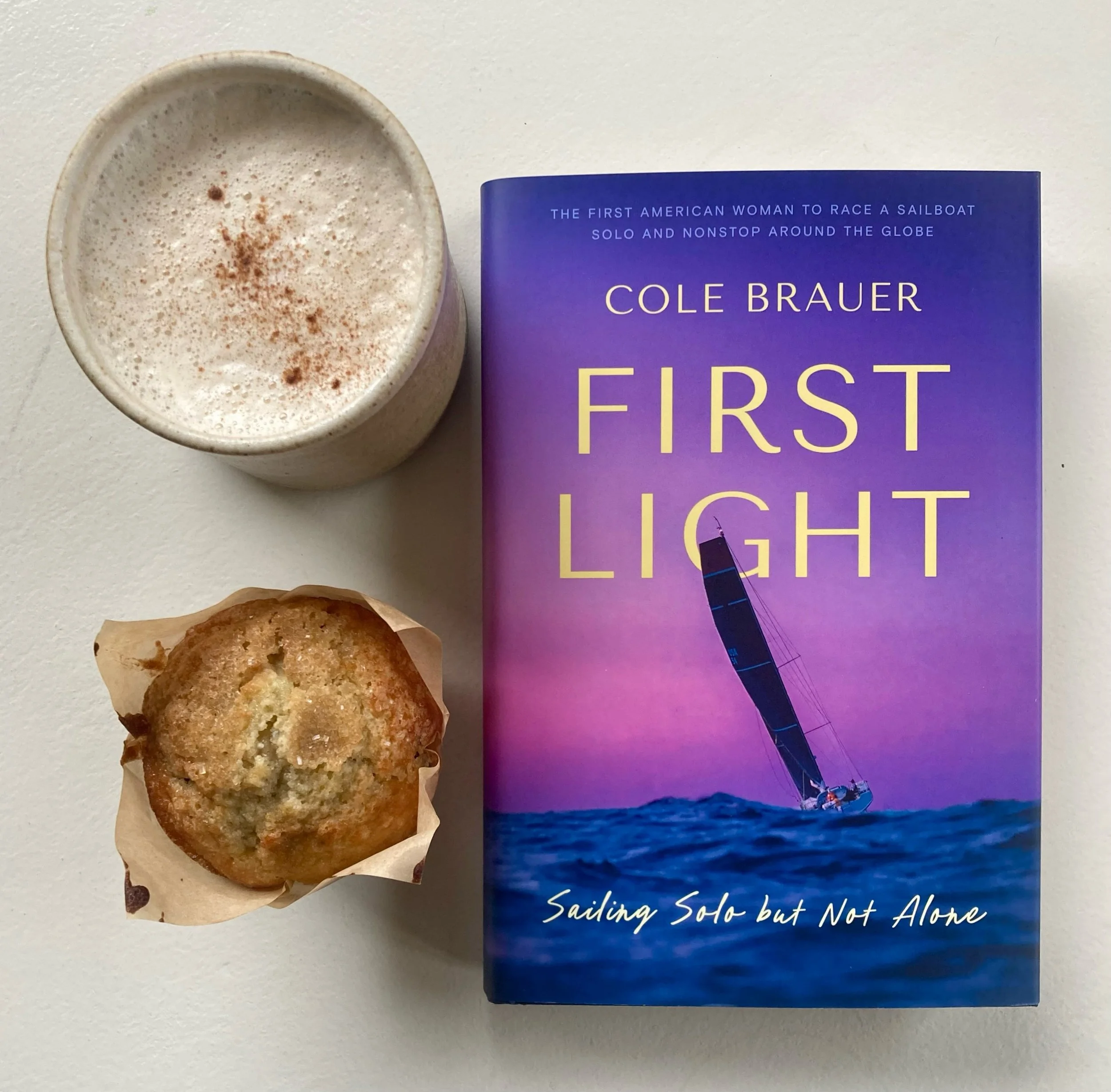 Breakfast of champions:  fresh cherry chocolate chip muffins, hot Chai and a memoir of 130-days at sea, racing solo around the world in a 40-ft sailboat. #whatwillyoudotoday #sailinglife #readbythesea #compassrosebooks