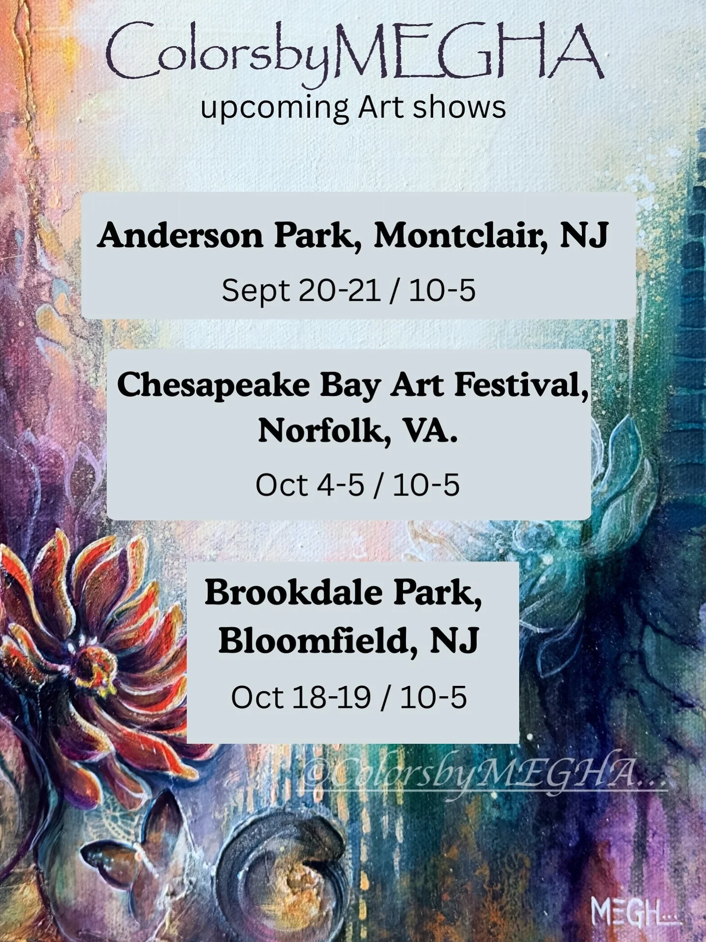 Upcoming shows details&hellip;✨✨✨

See you all tomorrow for the Anderson park art festival @rosesquared at Montclair, NJ.
Stop by for colorful abstract artworks at Booth 257..🎨

#njart #njartlover #newjerseyart #newjerseyartfestival #artbuyersanddea