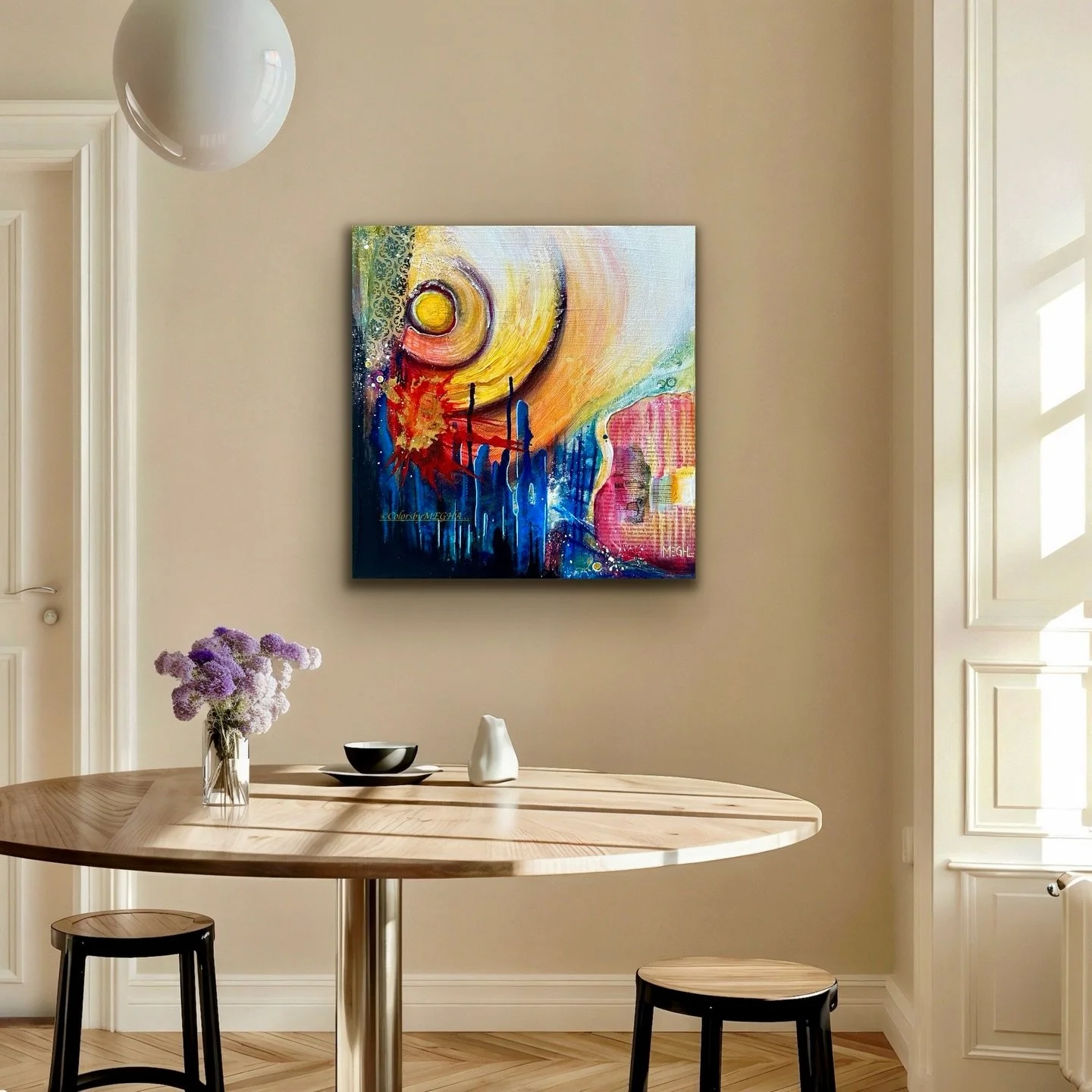 EQUILIBRIUM✨

 An abstract exploration of balance, where stillness and movement quietly coexist.
This mixed-media abstract painting combines paper collage, layered texture, and circular forms in warm yellow and orange tones, anchoring the composition