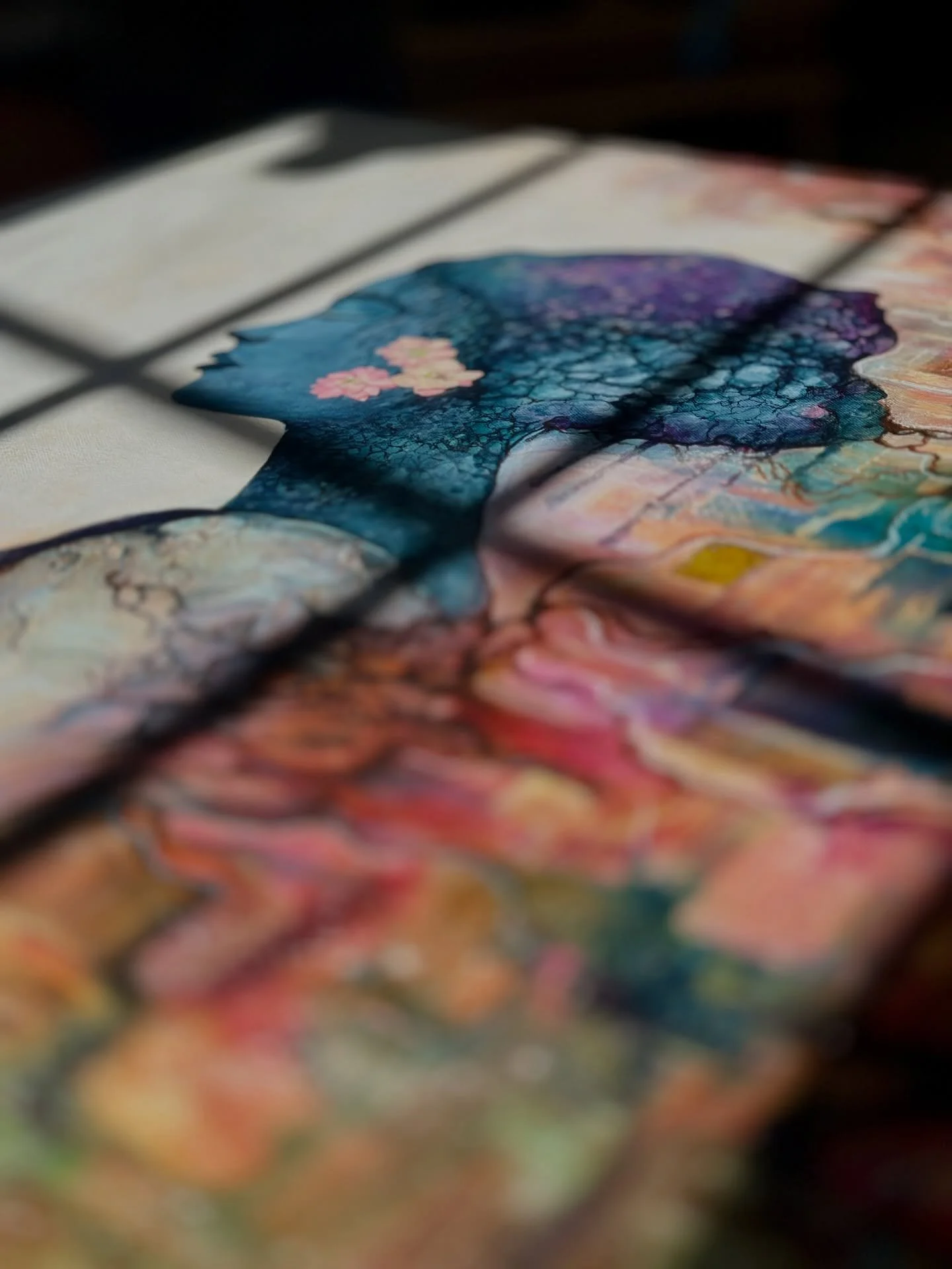 Light enters the studio.🔆

The silhouette remains blurred, still becoming.
This work-in-progress abstract painting explores reflection, identity, and quiet transformation. A collaged excerpt defining &ldquo;Reflect&rdquo; is embedded into the surfac