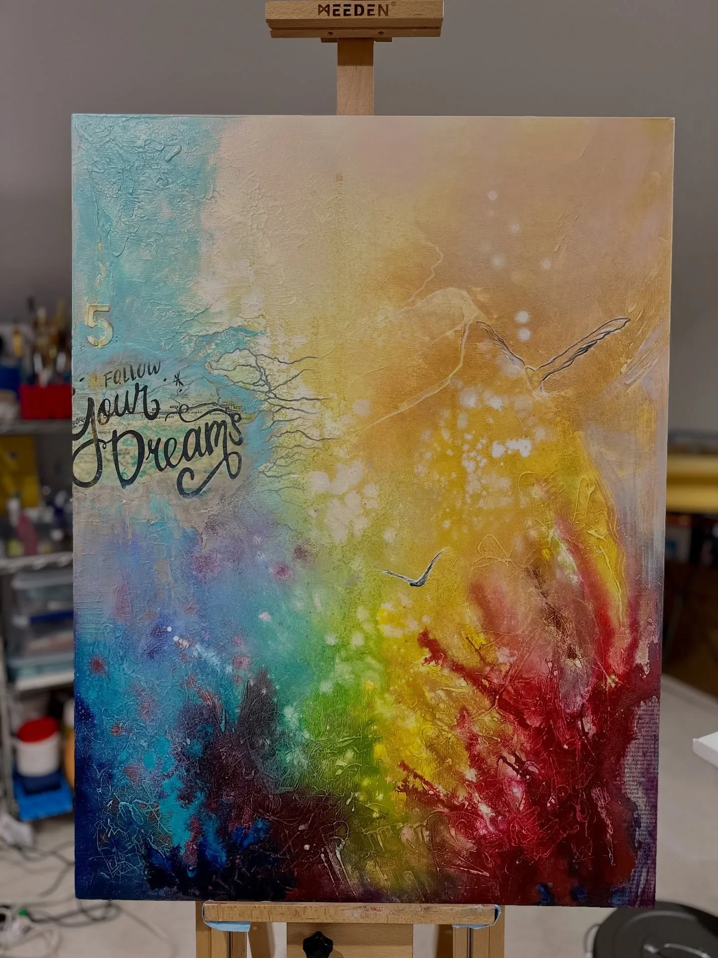 Follow Your Dreams &mdash; On the easel, work in progress 🎨

A bird in flight moves across refreshing layers of color, symbolizing freedom, hope, and forward motion. 

This abstract representational painting continues to evolve through layers of mar